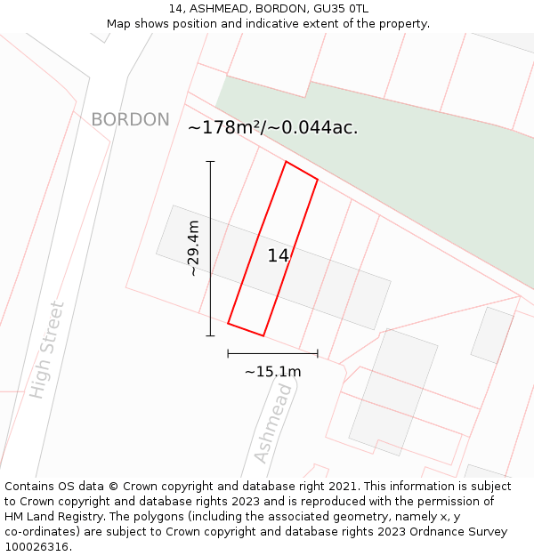 14, ASHMEAD, BORDON, GU35 0TL: Plot and title map