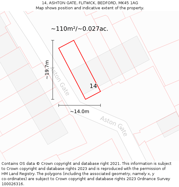14, ASHTON GATE, FLITWICK, BEDFORD, MK45 1AG: Plot and title map