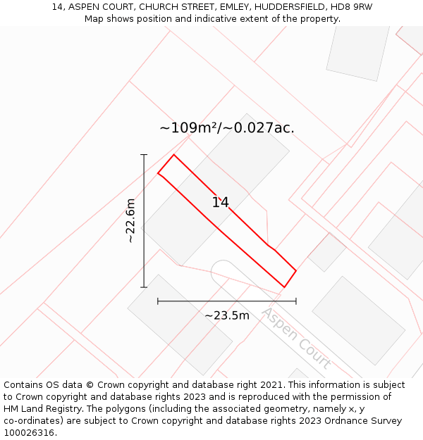 14, ASPEN COURT, CHURCH STREET, EMLEY, HUDDERSFIELD, HD8 9RW: Plot and title map