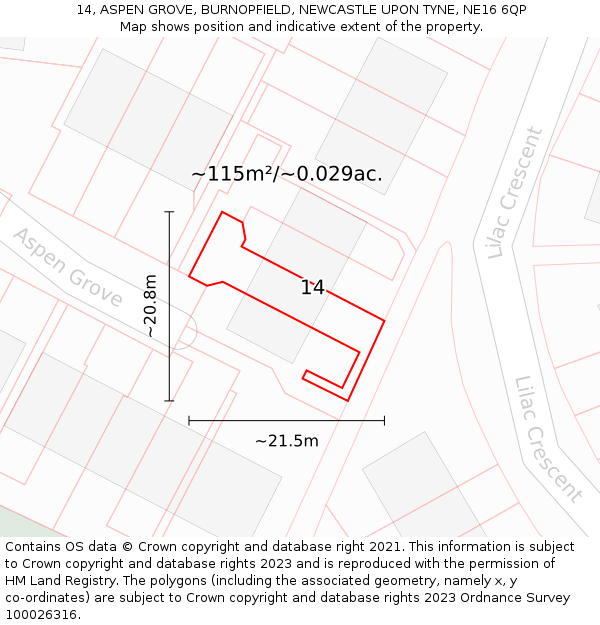 14, ASPEN GROVE, BURNOPFIELD, NEWCASTLE UPON TYNE, NE16 6QP: Plot and title map