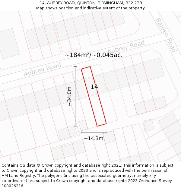 14, AUBREY ROAD, QUINTON, BIRMINGHAM, B32 2BB: Plot and title map