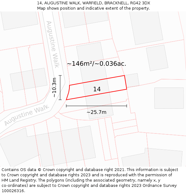 14, AUGUSTINE WALK, WARFIELD, BRACKNELL, RG42 3DX: Plot and title map