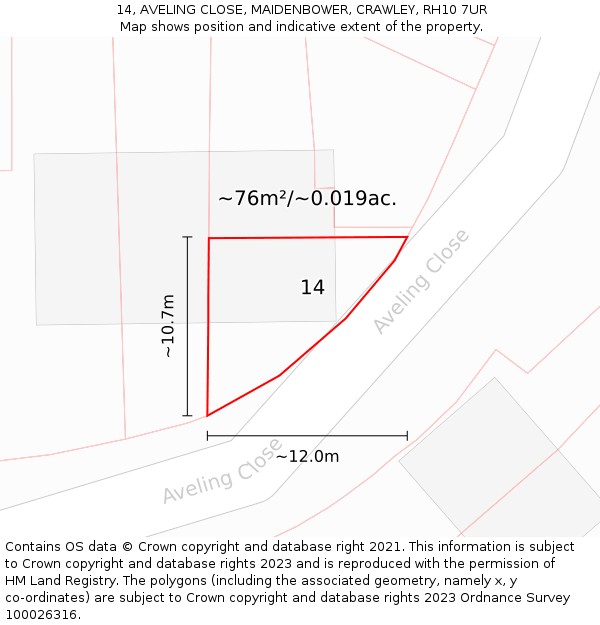 14, AVELING CLOSE, MAIDENBOWER, CRAWLEY, RH10 7UR: Plot and title map