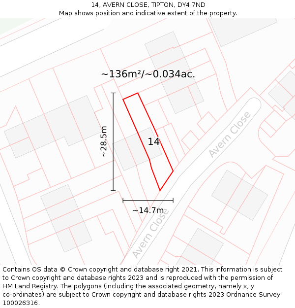 14, AVERN CLOSE, TIPTON, DY4 7ND: Plot and title map