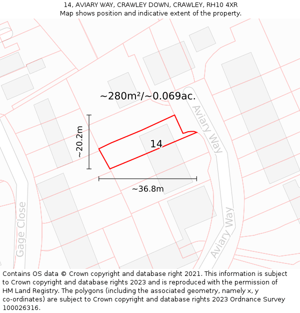 14, AVIARY WAY, CRAWLEY DOWN, CRAWLEY, RH10 4XR: Plot and title map