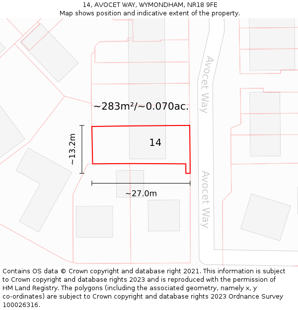 14, AVOCET WAY, WYMONDHAM, NR18 9FE: Plot and title map