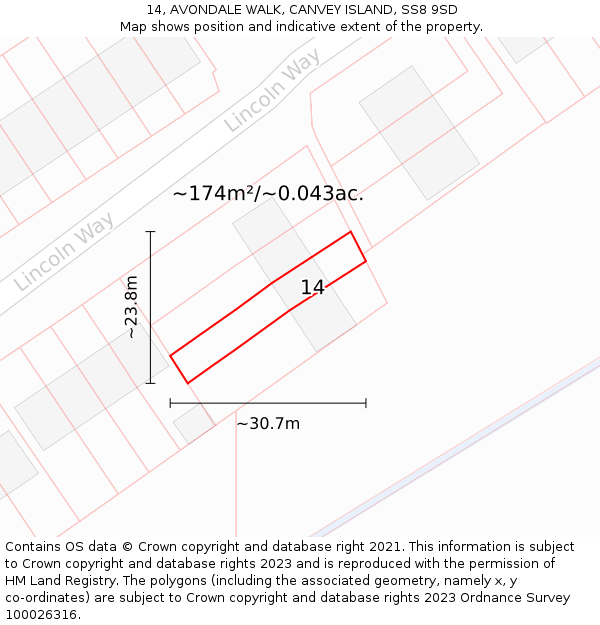 14, AVONDALE WALK, CANVEY ISLAND, SS8 9SD: Plot and title map