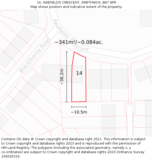14, AWEFIELDS CRESCENT, SMETHWICK, B67 6PR: Plot and title map