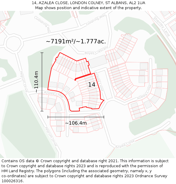 14, AZALEA CLOSE, LONDON COLNEY, ST ALBANS, AL2 1UA: Plot and title map