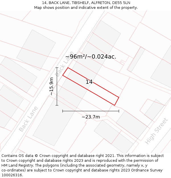 14, BACK LANE, TIBSHELF, ALFRETON, DE55 5LN: Plot and title map