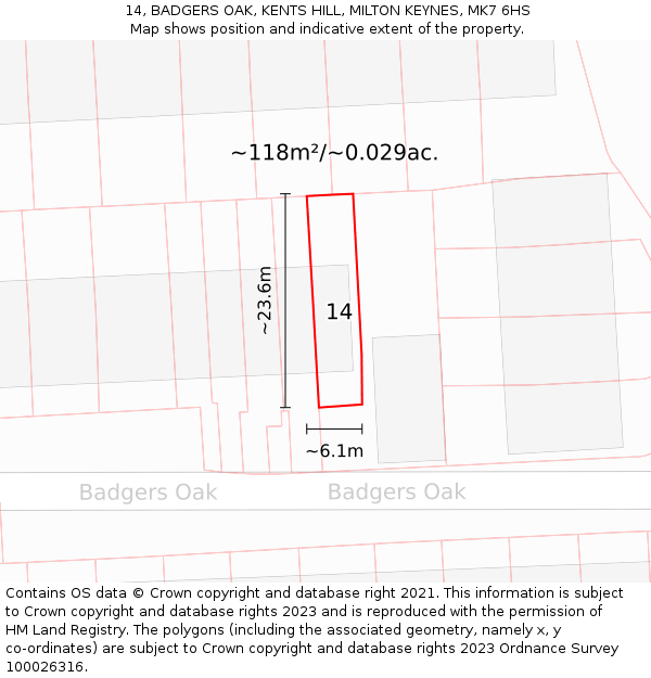 14, BADGERS OAK, KENTS HILL, MILTON KEYNES, MK7 6HS: Plot and title map