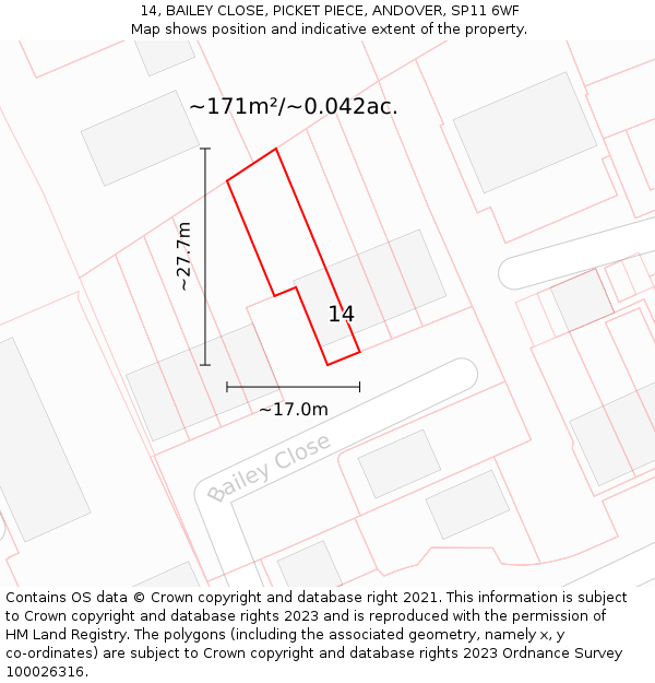 14, BAILEY CLOSE, PICKET PIECE, ANDOVER, SP11 6WF: Plot and title map