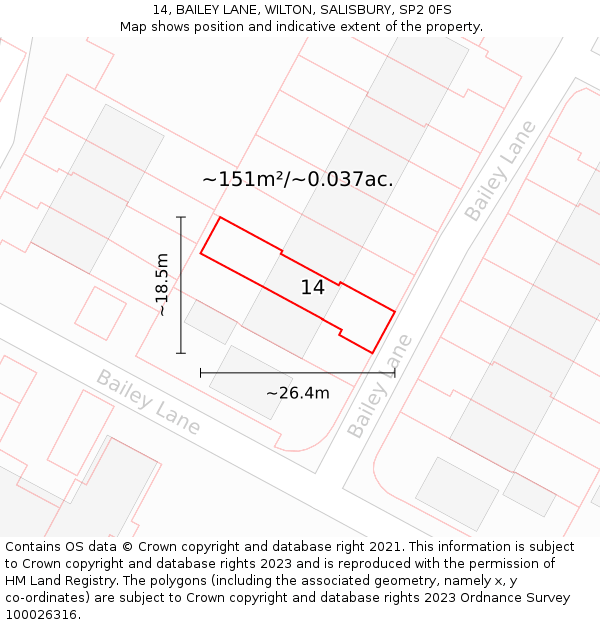 14, BAILEY LANE, WILTON, SALISBURY, SP2 0FS: Plot and title map