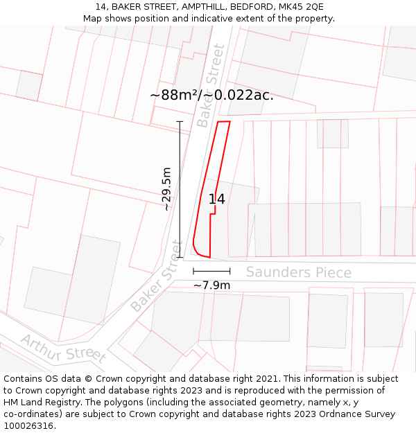 14, BAKER STREET, AMPTHILL, BEDFORD, MK45 2QE: Plot and title map