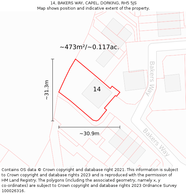 14, BAKERS WAY, CAPEL, DORKING, RH5 5JS: Plot and title map