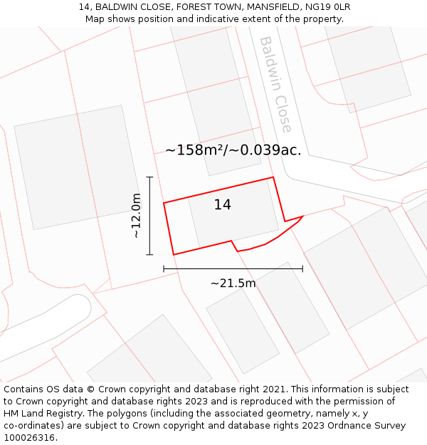 14, BALDWIN CLOSE, FOREST TOWN, MANSFIELD, NG19 0LR: Plot and title map