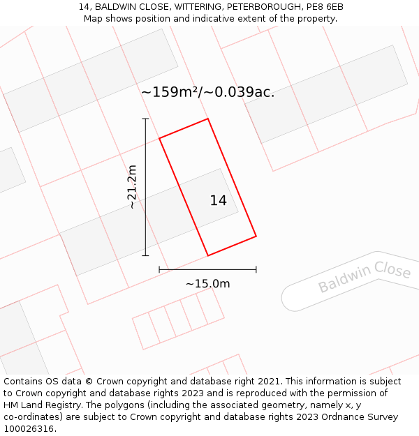 14, BALDWIN CLOSE, WITTERING, PETERBOROUGH, PE8 6EB: Plot and title map