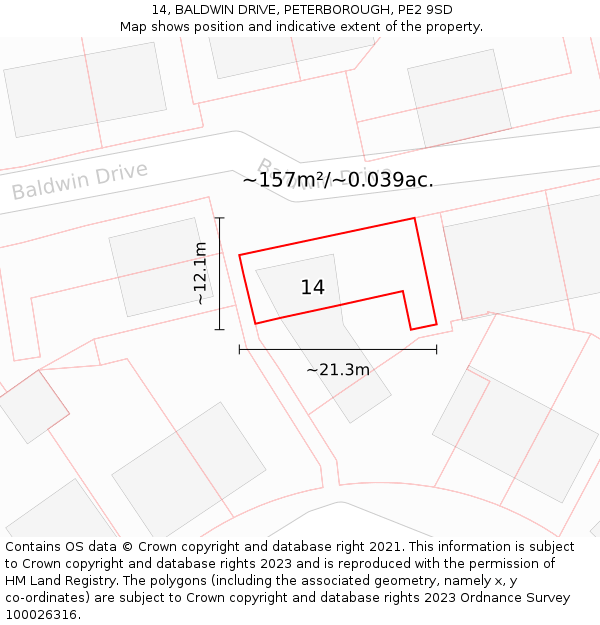 14, BALDWIN DRIVE, PETERBOROUGH, PE2 9SD: Plot and title map