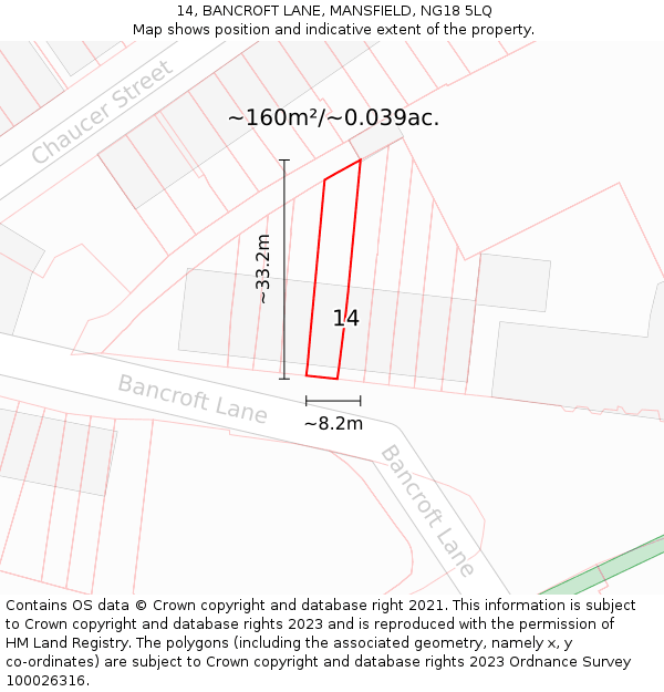 14, BANCROFT LANE, MANSFIELD, NG18 5LQ: Plot and title map