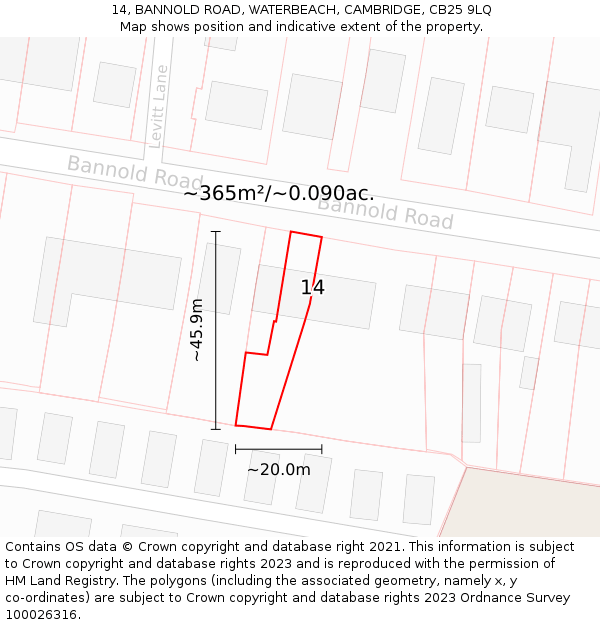 14, BANNOLD ROAD, WATERBEACH, CAMBRIDGE, CB25 9LQ: Plot and title map