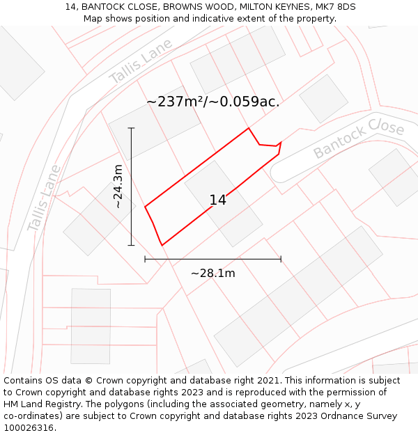 14, BANTOCK CLOSE, BROWNS WOOD, MILTON KEYNES, MK7 8DS: Plot and title map