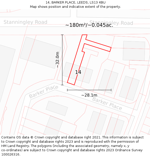 14, BARKER PLACE, LEEDS, LS13 4BU: Plot and title map
