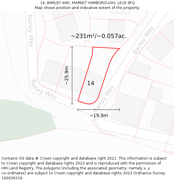 14, BARLEY WAY, MARKET HARBOROUGH, LE16 9FQ: Plot and title map