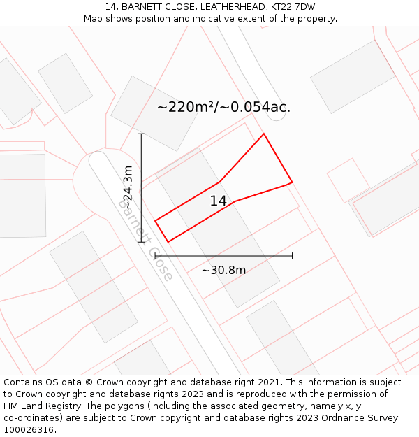 14, BARNETT CLOSE, LEATHERHEAD, KT22 7DW: Plot and title map