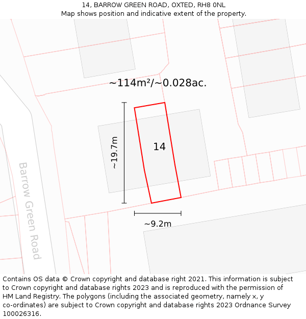 14, BARROW GREEN ROAD, OXTED, RH8 0NL: Plot and title map