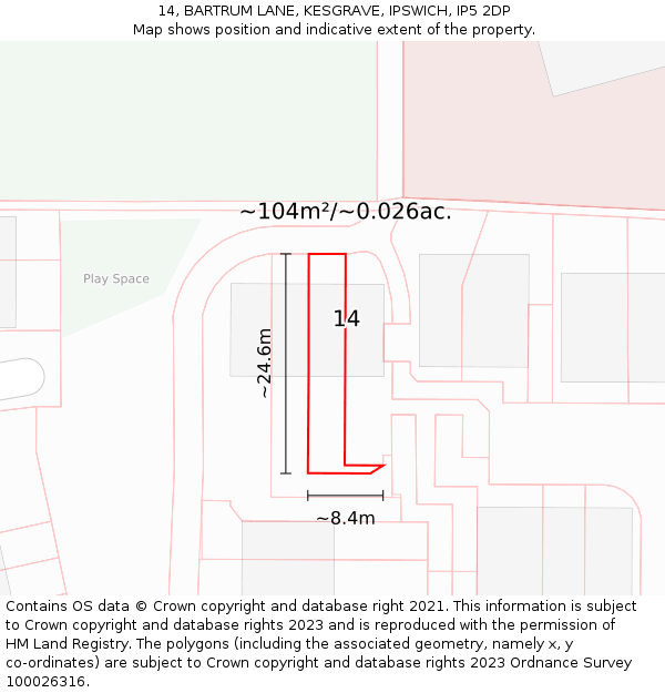 14, BARTRUM LANE, KESGRAVE, IPSWICH, IP5 2DP: Plot and title map