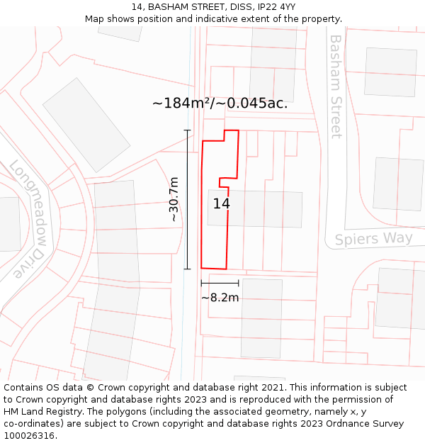 14, BASHAM STREET, DISS, IP22 4YY: Plot and title map