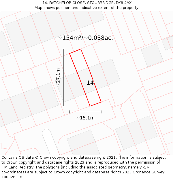 14, BATCHELOR CLOSE, STOURBRIDGE, DY8 4AX: Plot and title map