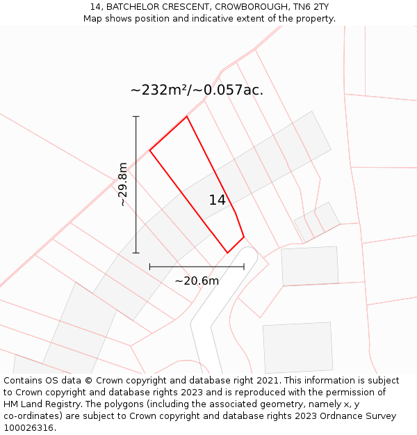 14, BATCHELOR CRESCENT, CROWBOROUGH, TN6 2TY: Plot and title map