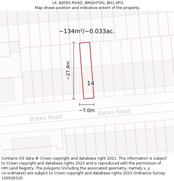 14, BATES ROAD, BRIGHTON, BN1 6PG: Plot and title map