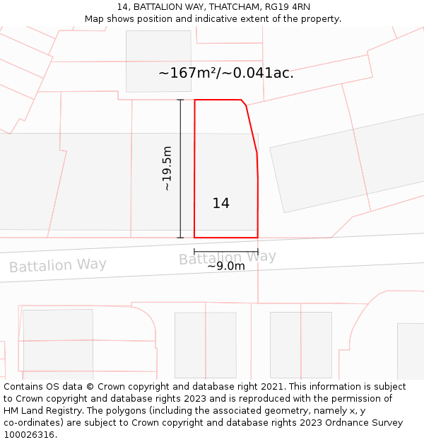 14, BATTALION WAY, THATCHAM, RG19 4RN: Plot and title map
