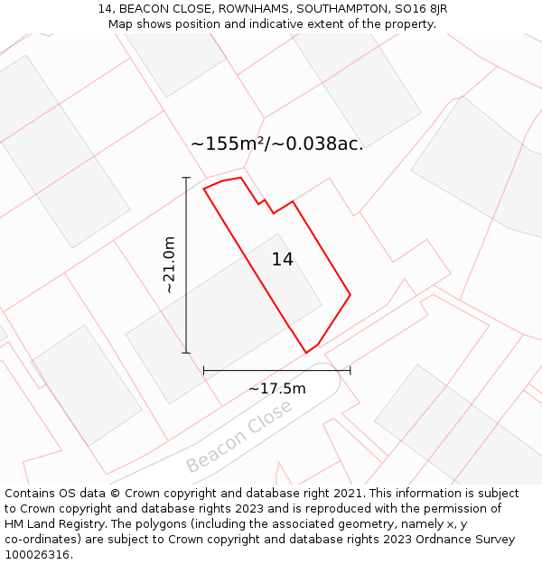 14, BEACON CLOSE, ROWNHAMS, SOUTHAMPTON, SO16 8JR: Plot and title map