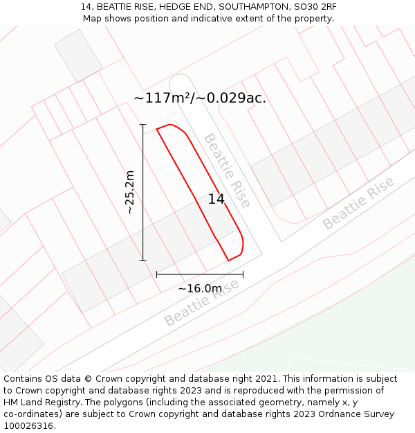 14, BEATTIE RISE, HEDGE END, SOUTHAMPTON, SO30 2RF: Plot and title map