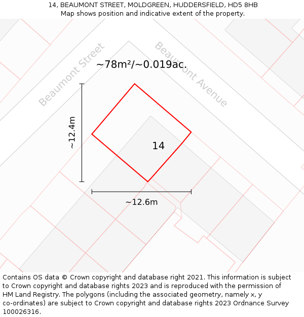 14, BEAUMONT STREET, MOLDGREEN, HUDDERSFIELD, HD5 8HB: Plot and title map