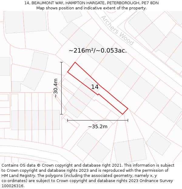 14, BEAUMONT WAY, HAMPTON HARGATE, PETERBOROUGH, PE7 8DN: Plot and title map