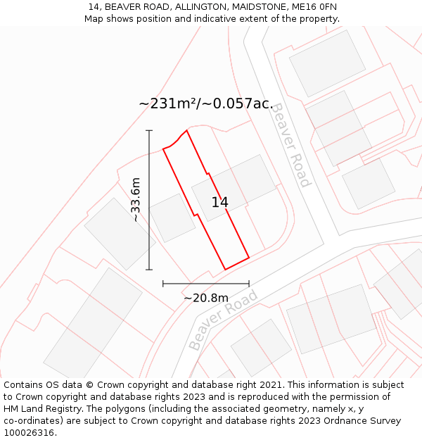 14, BEAVER ROAD, ALLINGTON, MAIDSTONE, ME16 0FN: Plot and title map