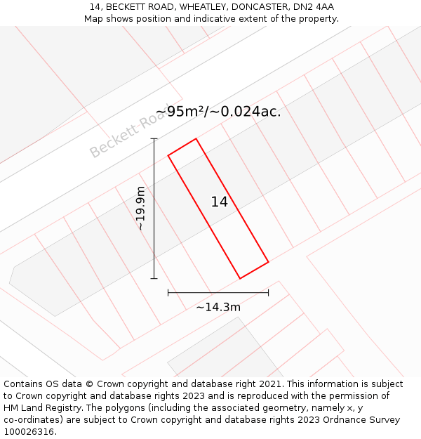 14, BECKETT ROAD, WHEATLEY, DONCASTER, DN2 4AA: Plot and title map