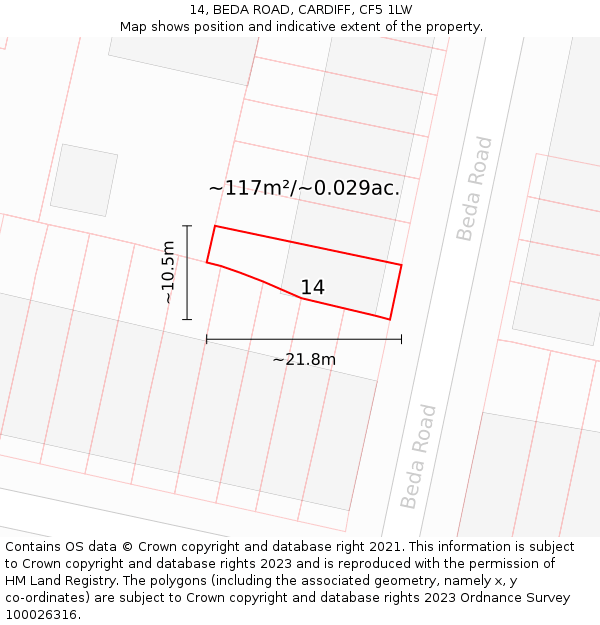 14, BEDA ROAD, CARDIFF, CF5 1LW: Plot and title map