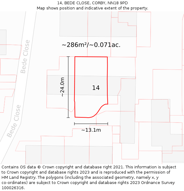 14, BEDE CLOSE, CORBY, NN18 9PD: Plot and title map