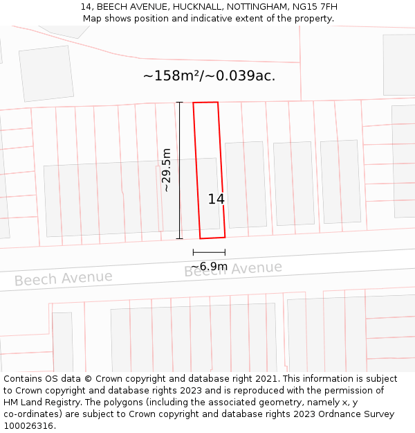 14, BEECH AVENUE, HUCKNALL, NOTTINGHAM, NG15 7FH: Plot and title map
