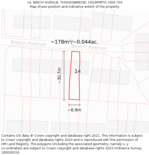 14, BEECH AVENUE, THONGSBRIDGE, HOLMFIRTH, HD9 7SX: Plot and title map