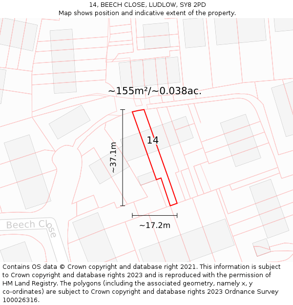 14, BEECH CLOSE, LUDLOW, SY8 2PD: Plot and title map