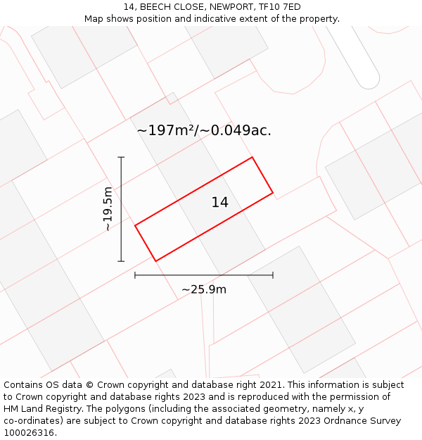 14, BEECH CLOSE, NEWPORT, TF10 7ED: Plot and title map
