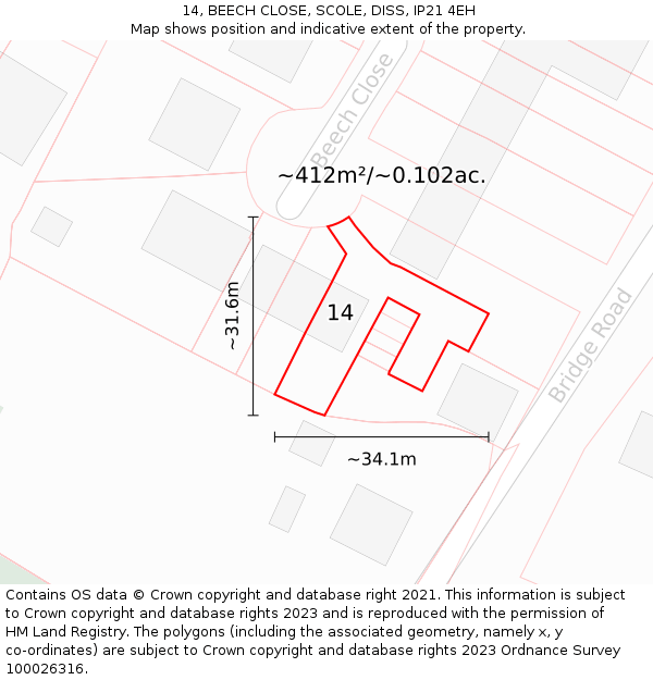 14, BEECH CLOSE, SCOLE, DISS, IP21 4EH: Plot and title map