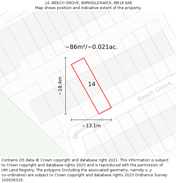 14, BEECH GROVE, BARNOLDSWICK, BB18 6AE: Plot and title map