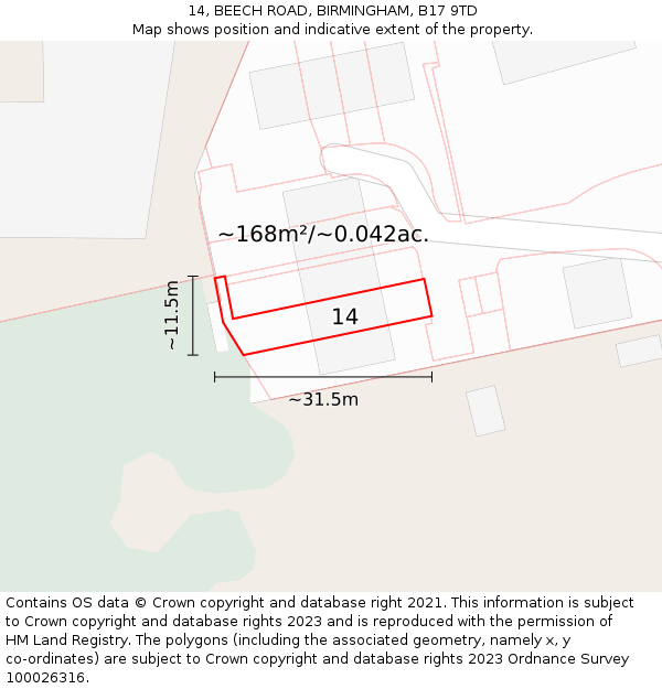 14, BEECH ROAD, BIRMINGHAM, B17 9TD: Plot and title map